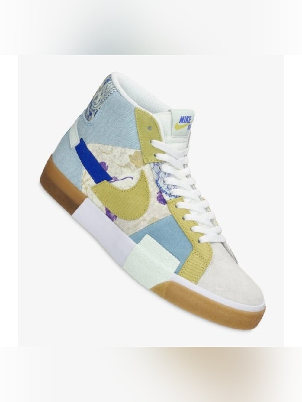 Nike High-Top Patchwork Sneaker in Light Blue, Yellow & White
